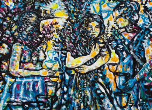 Tres mujeres. Mixta sobre tela. 30 x 38 cm. 2007