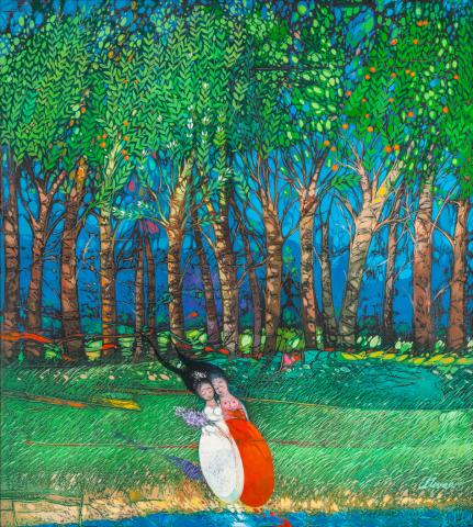 Lesbianas casándose a orillas del Río Guamá. Óleo sobre tela. 50 x 44 cm. 2005