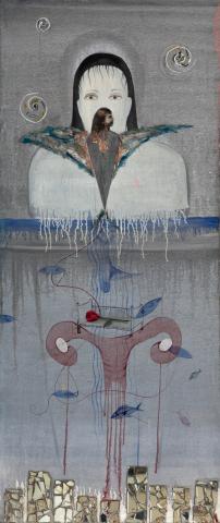 Sin título. Mixta sobre tela, oleo, espejos, plumas. 190 x 80 cm. 1996