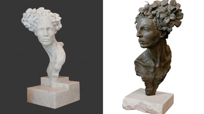 Escultura "Primavera" tallada en mármol y en bronce, del catálogo de Máxima Estudio-Taller.