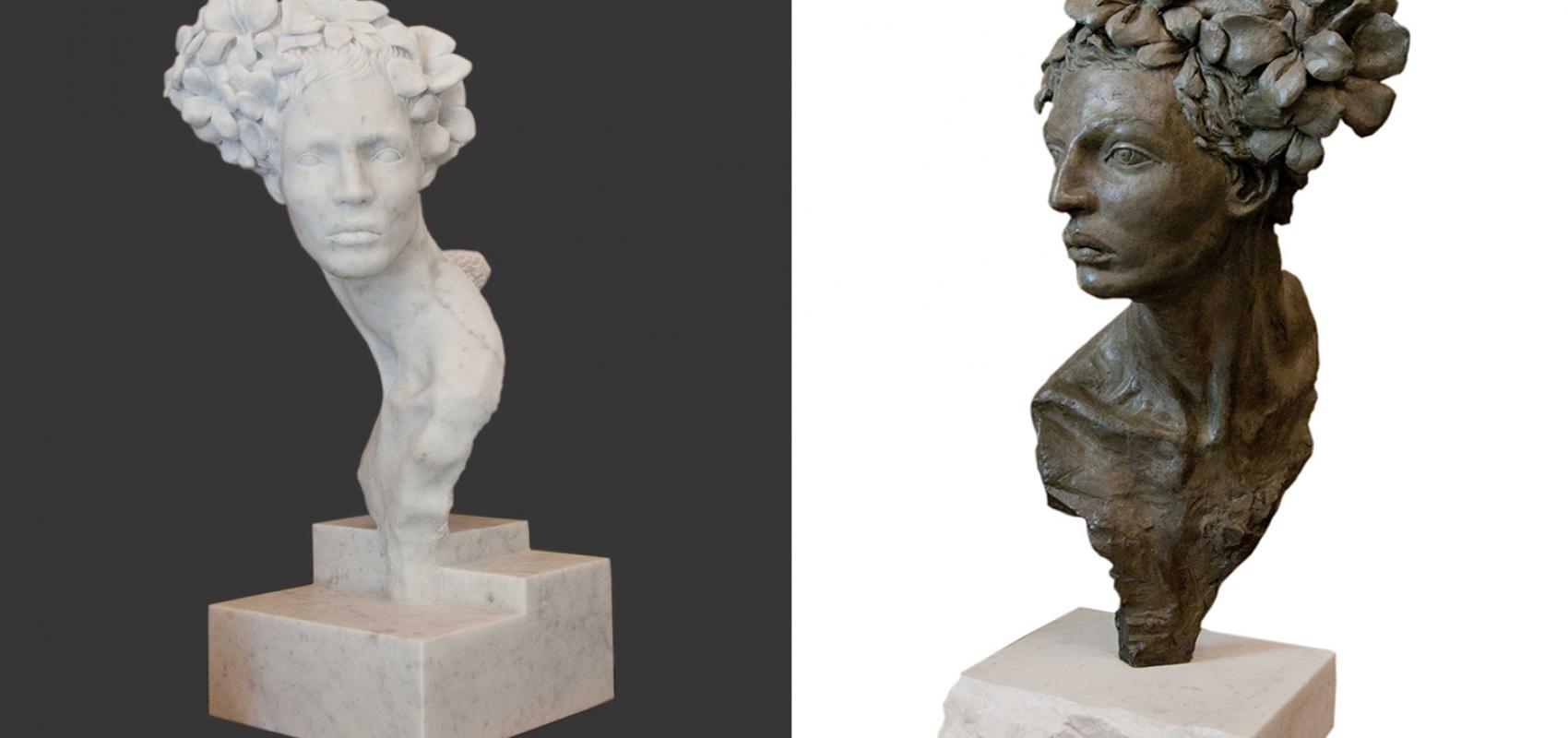 Escultura "Primavera" tallada en mármol y en bronce, del catálogo de Máxima Estudio-Taller.